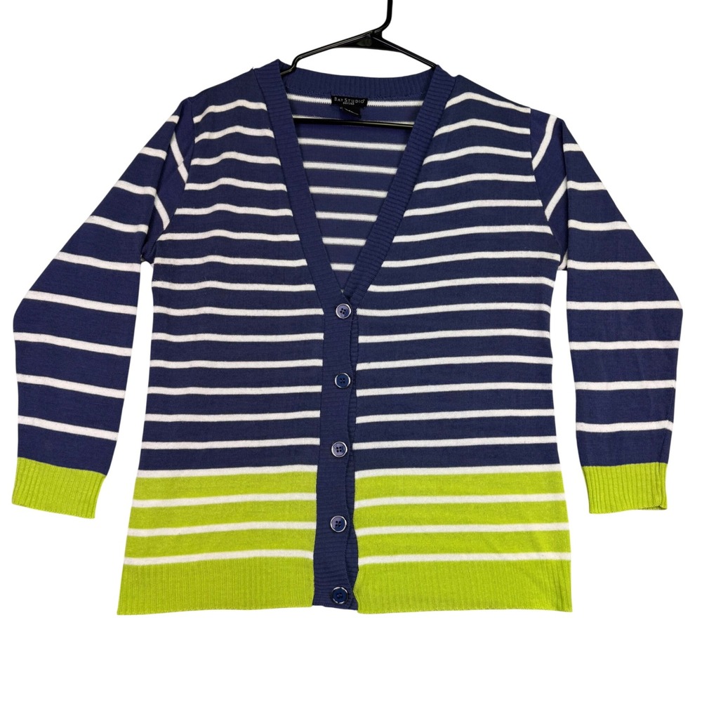 Bay Studio Cardigan Sweater Women's Petite Large Blue White Lime‎ Green Striped
